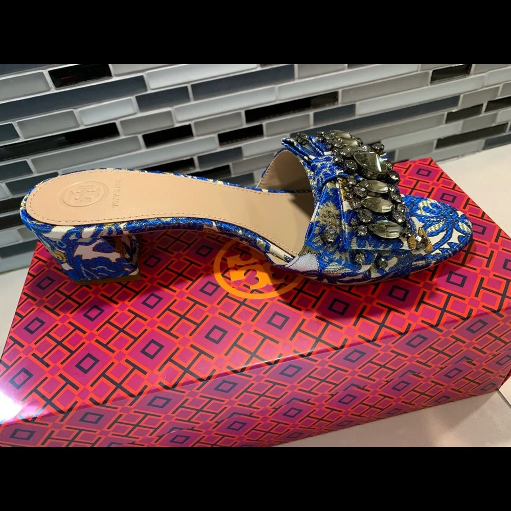 Tory Burch New Valentina Blue Metallic Brocade Bow Slide Sandals Size 7.5 - Picture 7 of 7